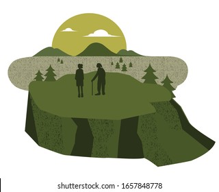 Pareja Vector Illustración con mochila trekking en la cima de la montaña. Turismo de aventura y viajes. Actividades de senderismo y senderismo.