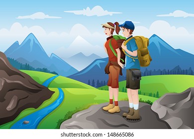 A vector illustration of couple backpackers on top of mountain