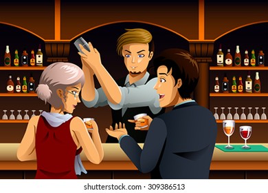 A vector illustration of Couple in a Bar with Bartender
