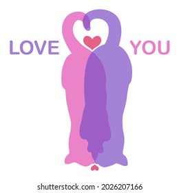 Vector illustration of couple of beloved cats with tails together like a heart and Love You lettering. Decorative design for love cards.