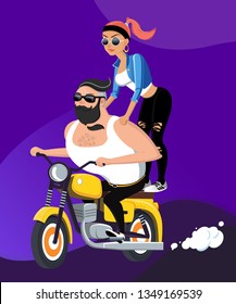 Vector illustration of couple bikers riding a motorcycle.Hipster man and woman rider on vintage motorbike. Character with hairstyle, stylish beard and glasses. Motorcycle love and adrenaline