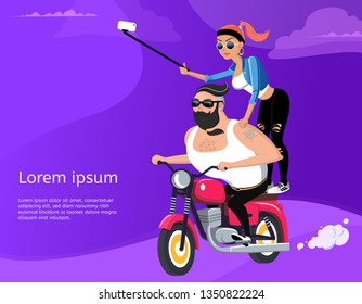 Vector illustration of couple bikers take a selfie on a motorcycle.Hipster man and woman rider on red motorbike. Character with hairstyle, fashion clothes and glasses. Motorcycle love and adrenaline