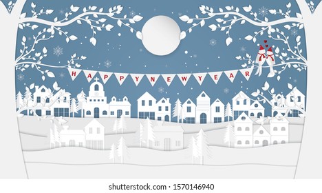 Vector illustration of Couple bird on branch of the big tree with countryside in winter for Happy New Year 2020