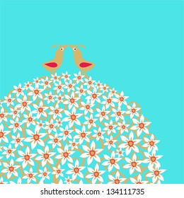 Vector illustration with couple of birds 
 blooming tree on turquoise background 