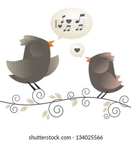 Vector illustration of couple of birds sing romantic songs