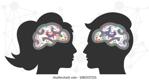 vector illustration of couple with brain and colorful points for psychological scientific investigation of human interaction and love