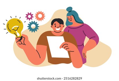 Vector illustration of a couple brainstorming with a light bulb and gears in a flat style. Isolated on a white background. Suitable for creative projects, innovation, and team brainstorming concepts.