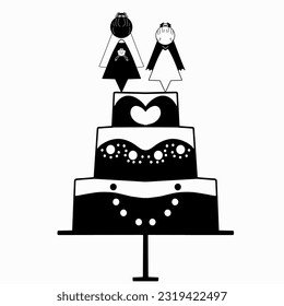 Vector illustration of couple, bride and groom, cake, black line for wedding cards and banners.