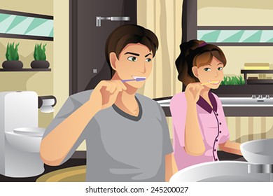 A vector illustration of couple brushing their teeth together in a bathroom