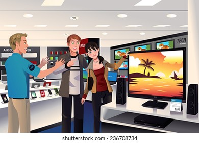 A Vector Illustration Of A Couple Buying TV In A Big Electronic Store