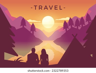 Vector illustration of a couple camping and looking at the sunset near the lake on aa mountain. Traveling, holidays and vacations