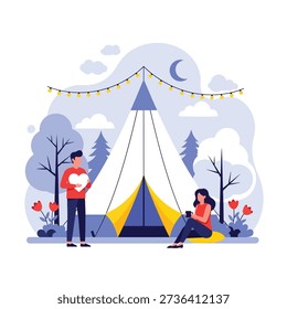Vector illustration: a couple camping romantically at night. Man holds a heart, woman sips by a tent with string lights under the moon, symbolizing love and outdoor peace.