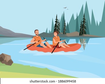 Vector illustration of couple in a canoe rowing oars along the river flat art
