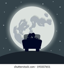 vector illustration of couple in car under full moon