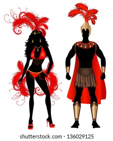 Vector Illustration Couple for Carnival Red Costume Silhouettes with a man and a woman.