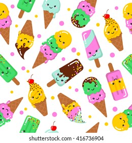 Vector illustration of a couple cartoon funny ice creams with happy smiling faces for kids designs and decorations. Seamless pattern. Vector background