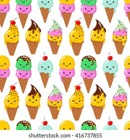 Vector illustration of a couple cartoon funny ice creams with happy smiling faces for kids designs and decorations. Seamless pattern. Vector background