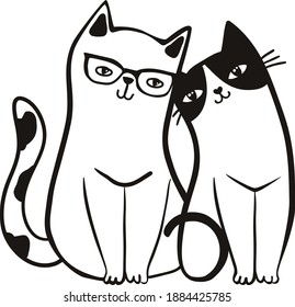 Vector illustration of couple cats black and white colors. Love story cats
