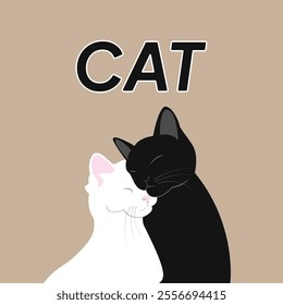 Vector illustration of couple cats black and white colors. Love story cats