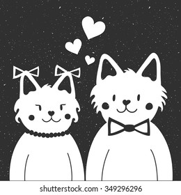Vector Illustration with couple cats with hearts. Cute and romantic valentines day greeting card, t-shirt print design, home poster
