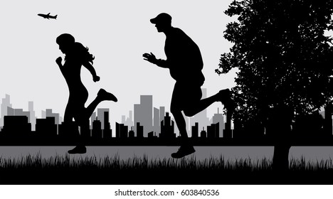 Vector illustration of couple in the city park.