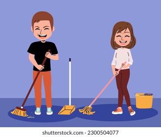 Ilustración vectorial de las herramientas de limpieza de parejas para la limpieza de hogares. Concepto de división de tareas por igual