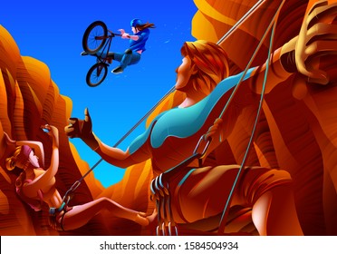 A vector illustration of a couple climbing in between a Canyon cliff. The woman is capturing a perfect shot of the mountain cyclist that is jumping across to the other side of the cliff.