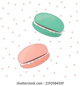 ilustración vectorial de dos coloridos macarons en el fondo con corazones pequeños