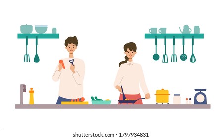 Vector illustration of a couple cooking in the kitchen together. People doing housework. Stay at home concept.