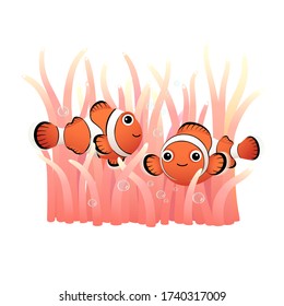 Vector illustration couple of cute cartoon clownfish and sea anemones on white background.