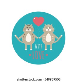 Vector illustration of couple cute cats in blue circle icon with sign "With love". Funny cats.  Bright sticker for kids. Design for label;  cover; card; print, fabric and textile. 