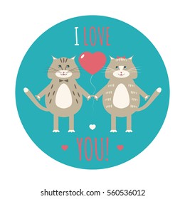 Vector illustration of a couple cute cats and hearts with sign "I love you". Funny animals with text.  Vintage romantic card for Valentine's Day.  