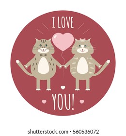 Vector illustration of a couple cute cats and hearts with sign "I love you". Funny animals with text.  Vintage romantic card for Valentine's Day.  