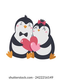 Vector illustration of a couple of cute penguins holding hearts. Isolated Valentine's Day illustration on white background