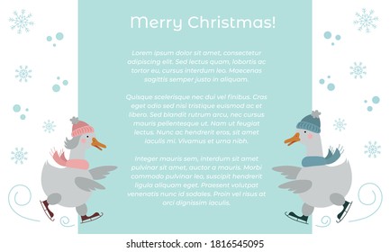 Vector illustration of a couple of cute skating geese. Christmas banner, greeting card or invitation with a place for text. 