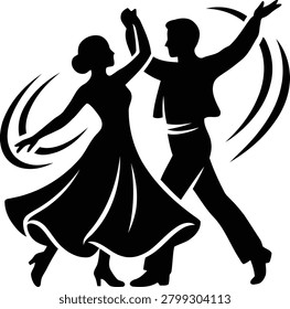 Vector illustration of a couple dancing ballroom dance, elegant man and woman in a dress performing a dance move isolated on white background