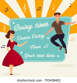 Vector illustration. Couple dancing boogie-woogie or lindy hop. Template for dance party