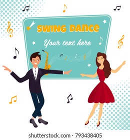 Vector illustration. Couple dancing boogie-woogie or lindy hop. Template for dance party