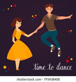 Vector illustration. Couple dancing boogie-woogie or lindy hop. Template for dance party