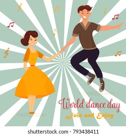 Vector illustration. Couple dancing boogie-woogie or lindy hop. Template for dance party