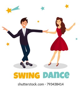 Vector illustration. Couple dancing boogie-woogie or lindy hop. Template for dance party