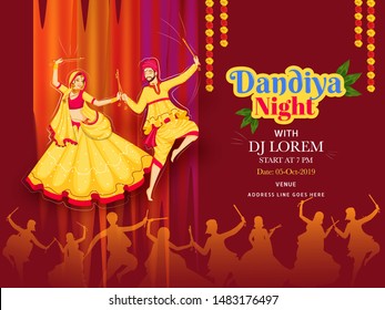 Vector illustration of couple dancing with dandiya stick on on brown background for Dandiya Night DJ party poster or banner design and date , time, venue detail.