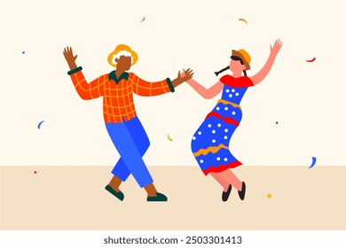 Vector illustration of a couple dancing at a June Party in Brazil, also known as "São João": vibrant costumes, festive atmosphere, and traditional Brazilian celebration.