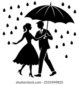 A vector illustration of a couple dancing in the rain, featuring a romantic silhouette design that conveys love, joy, and togetherness with graceful motion and timeless elegance.