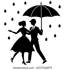 A vector illustration of a couple dancing in the rain, featuring a romantic silhouette design that conveys love, joy, and togetherness with graceful motion and timeless elegance.