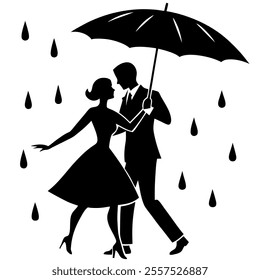 A vector illustration of a couple dancing in the rain, featuring a romantic silhouette design that conveys love, joy, and togetherness with graceful motion and timeless elegance.