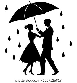 A vector illustration of a couple dancing in the rain, featuring a romantic silhouette design that conveys love, joy, and togetherness with graceful motion and timeless elegance.