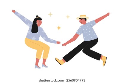 Vector Illustration of a Couple Dancing Swing. Perfect for Dance and Vintage Themed Designs. Colorful flat illustrations on white background.
