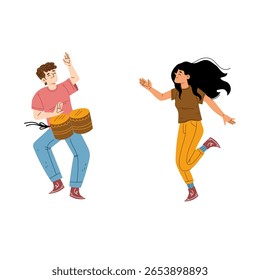 Vector illustration of a couple dancing together joyfully with live guitar music.