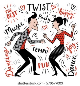 Vector illustration of a couple dancing twist and calligraphy.